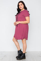 Plus Size Burgundy Stripe Short Sleeve Hooded Shirt Mini Dress