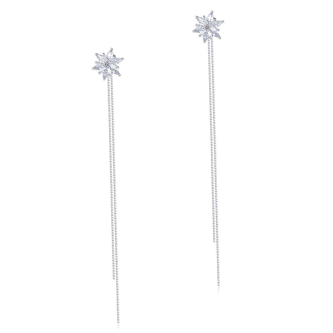 Long Elegant Solid 925 Sterling Silver Earrings Flowers Simulated Diamonds