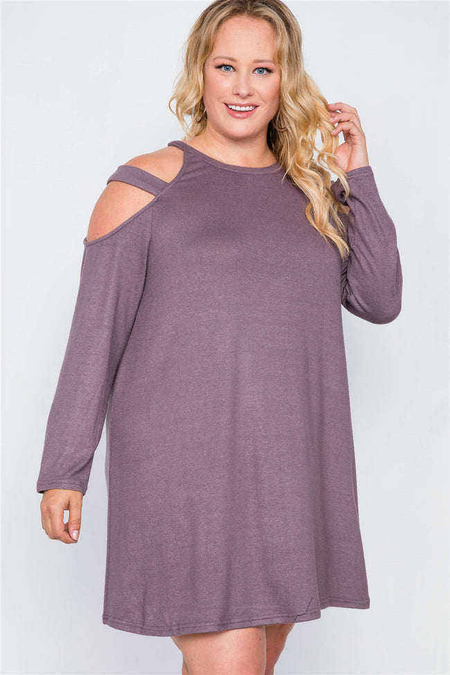 Plus Size Mauve Knit Strap Shoulder Long Sleeve Dress