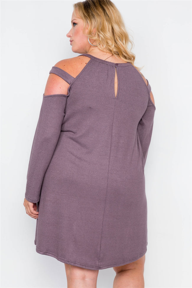 Plus Size Mauve Knit Strap Shoulder Long Sleeve Dress