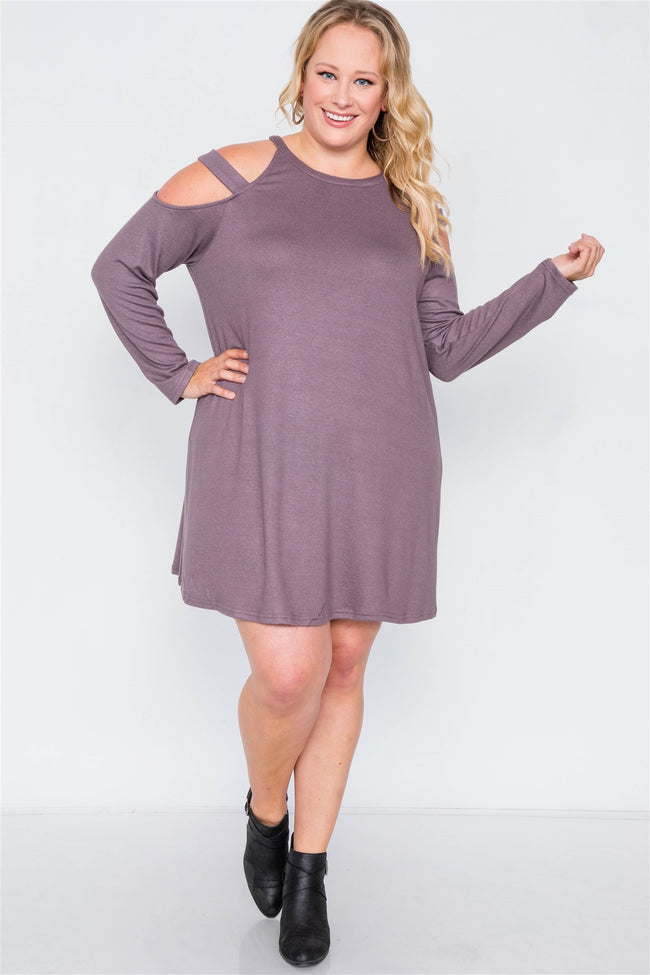 Plus Size Mauve Knit Strap Shoulder Long Sleeve Dress