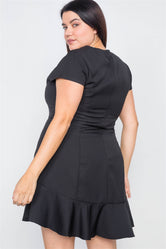 Plus Size Black Casual Flounce Trim Cap Sleeve Mini Dress