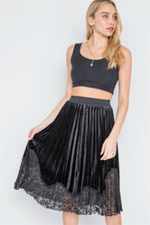 Black Velvet High-Waist Pleated Combo Lace Skirt