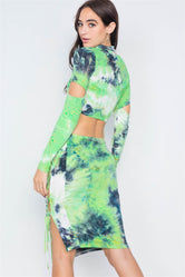 Lime Tie Dye Mock Neck Cut Out Long Sleeve & Mini Lace Up Slit Skirt Set