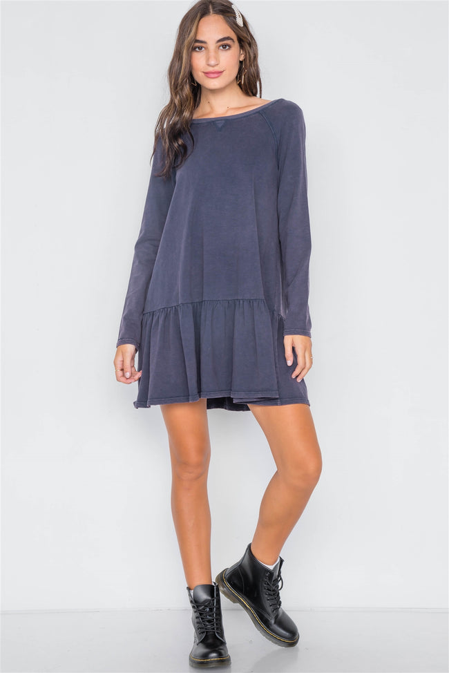 Navy Casual Shirred Hem Long Sleeve Dress