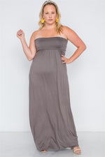 Plus Size Brown Solid Strapless Maxi Tube Dress