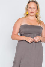 Plus Size Brown Solid Strapless Maxi Tube Dress