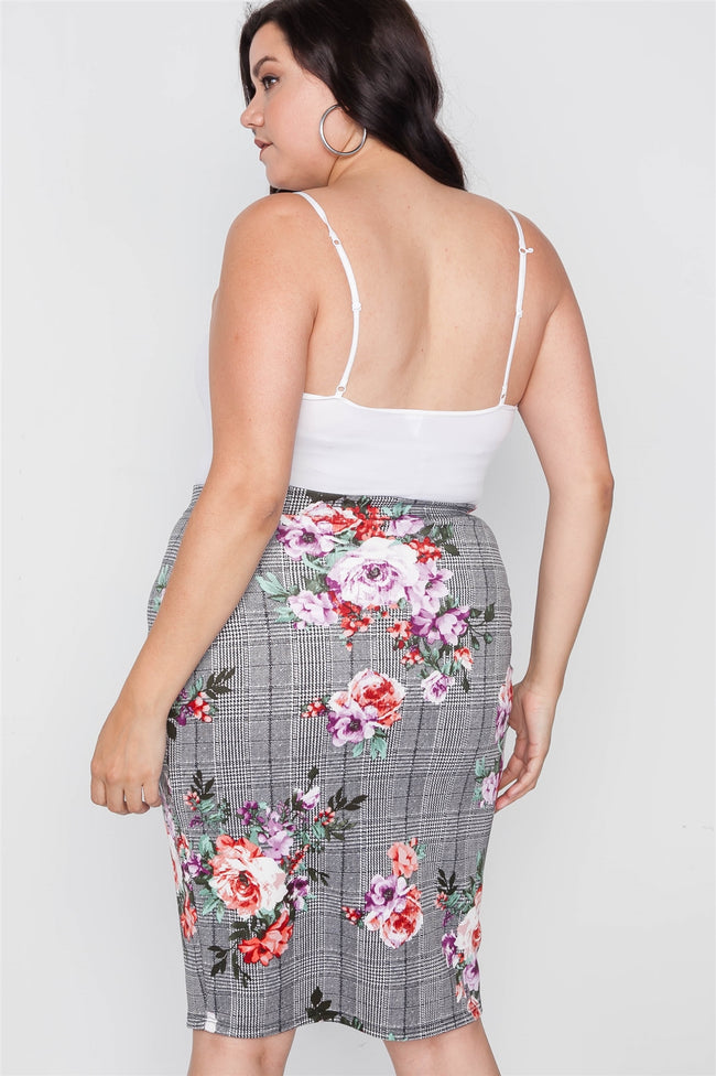 Plus Size Check Rose Print Pencil Skirt