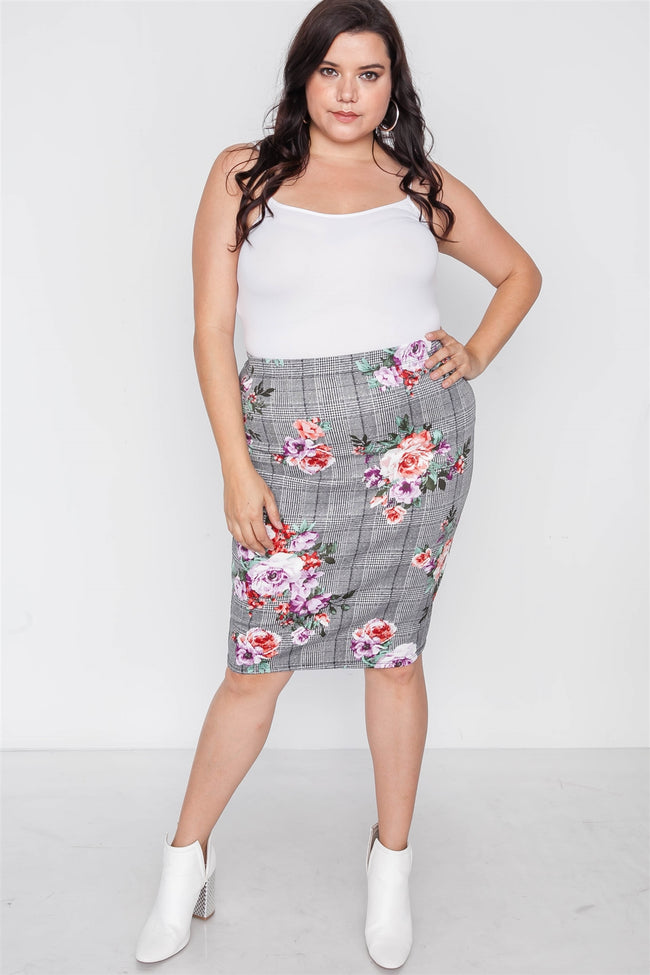 Plus Size Check Rose Print Pencil Skirt