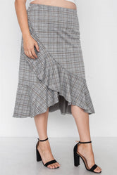 Plus Size Plaid Grey High-Waist Midi Skirt